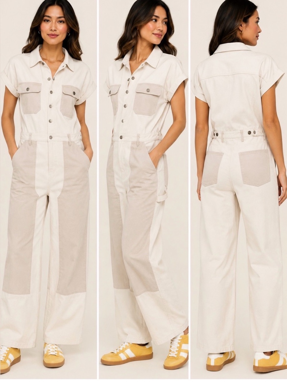 Woolrich Utility Two-Tone Wide-Leg Jumpsuit - Cream/Beige-Size 10